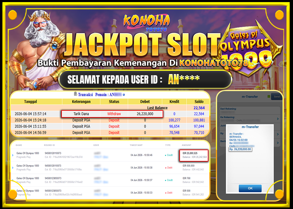 KONOHATOTO78 JACKPOT GATES OF OLYMPUS 1000Rp.26.220.000LUNAS
